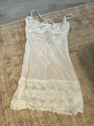 Shirley of Hollywood White lace babydoll dress with adjustable straps and lace trim thumbnail 1