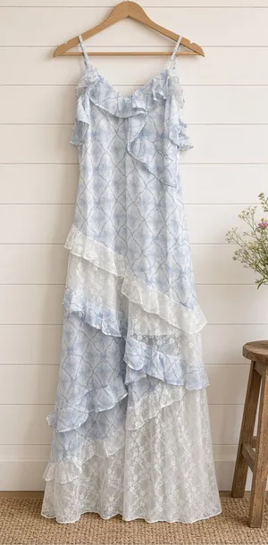 Coquette Printed Lace Mixed Ruffle Maxi Dress Small thumbnail 1