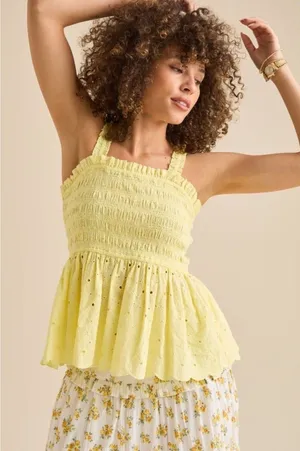 Altar’d State | NWT Yellow Mila Smocked Floral Embroidery Tank Top | Medium thumbnail 1