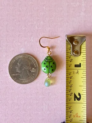 Handmade fairy cute whimsy ladybug dangle earrings💚🐞 thumbnail 5