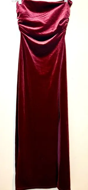 Wild Fable Burgundy Velvet Strapless Maxi Dress Slit XXS thumbnail 1