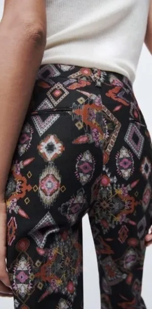 ZARA Mid Rise Black Batik Slim Cotton Bohemian Denim Pants Sz M thumbnail 2