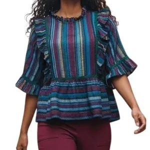 ANTHROPOLOGIE DRA LA Tabi Laurel Striped Ruffle Peplum Hem Blouse‎ NWOT M thumbnail 1
