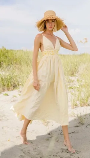 Fanm Mon NWT Ruzgar Light Yellow Embroidered Cotton Maxi Dress‎ XS thumbnail 1