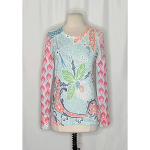 Sundance WHIMSY ROSE Aqua Coral Paisley Floral Baby Waffle Thermal Top Small USA thumbnail 2