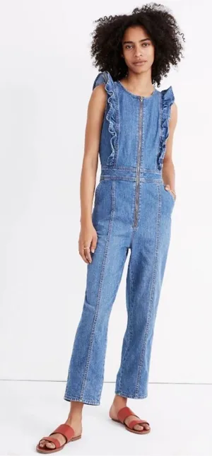 Madewell Denim Ruffle-Sleeve Zip-Front Jumpsuit Stretch Indigo 00 thumbnail 1