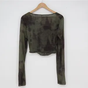 Free People Mesh Ruched Tie Dye Long Sleeve Crop Top Olive Green Black Large thumbnail 4