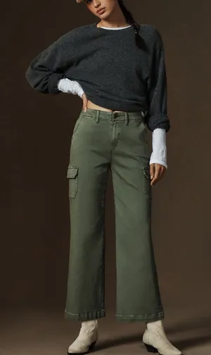 ANTHROPOLOGIE‎ PAIGE Carly Cargo Pants in Vintage Ivy Green Wide Leg Denim thumbnail 1