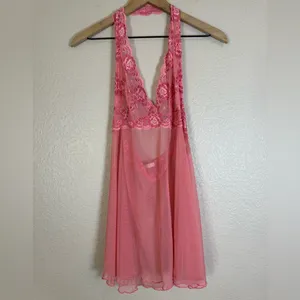 Vintage 90’s 2000’s Victoria’s Secret Chemise Sheer Pink with Lace Halter M L thumbnail 2