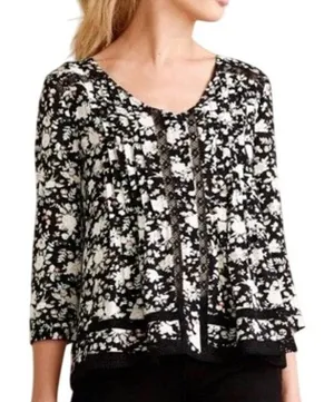 Maeve‎ Anthropologie Floral Lace Trim Blouse Womens 10 Black Boho Pleated Rayon thumbnail 1