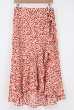 Max Studio Skirt Women's M Floral Ruffle High-Low Orange Pink Excellent thumbnail 1