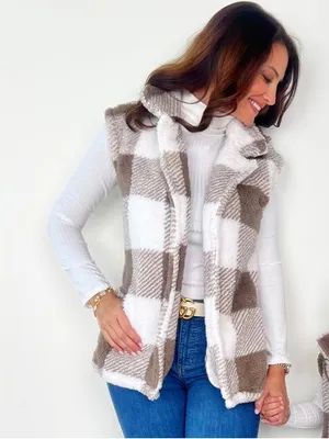 Mia Belle Girls Cozy Faux Fur Plaid open front Vest brown white mom medium thumbnail 1