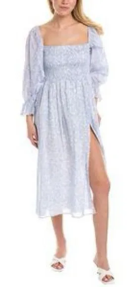 o.p.t. Floral Smocked Midi Dress‎ Womens Size S Blue White Puff Sleeve Toile thumbnail 1