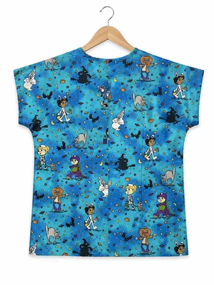 Vtg 90s Eureekas Castle Halloween Scrub Top small Cute Cartoon Teal Blue Nurse thumbnail 3
