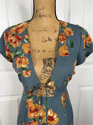 Lulus Floral Cutout Tie Front Midi Dress Blue Orange Sz S NWOT thumbnail 5
