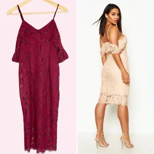 Boohoo Jess Lace Open Shoulder Dress Midi Berry NWT New Cocktail Straps‎ Bodycon thumbnail 3