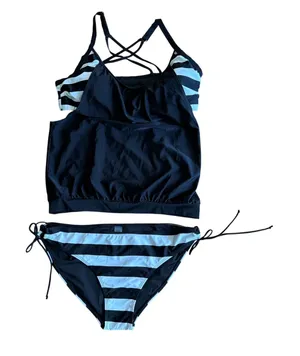 XL Black and White Striped‎ 2 Piece Tankini Swimsuit Set Tie Side Bottoms thumbnail 1