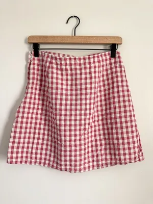 American Eagle Pink Gingham Mini Skirt Ruched Side Cottagecore M thumbnail 3
