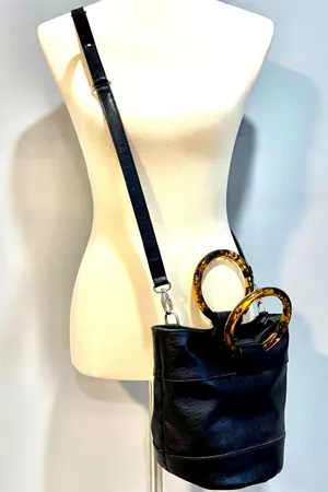 Y2K Abercrombie Black Faux Leather Crossbody Bucket Bag Tortoise Handle Retro thumbnail 1