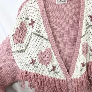 VTG Plus Size 20W Sweater Pink‎ Hand Knit Heart Fringe Cardigan Cottagecore 774 thumbnail 6