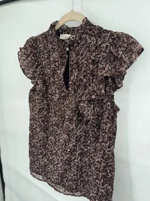 Loft Blouse Women Small Burgundy Floral Ruffle Peasant Cottagecore Prairie Ditsy thumbnail 10