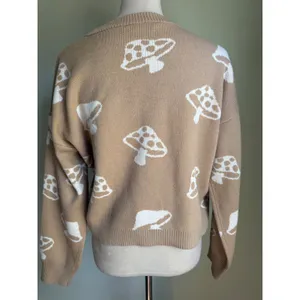 Boho whimsi goth Mushroom Cropped Sweater Tan White Knit‎ Large 11-13 y2k retro thumbnail 3