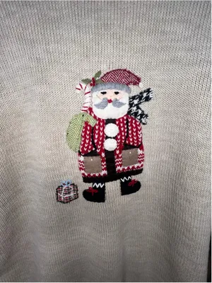 Christopher & Banks Hand Embroidered Santa Cotton Pullover Christmas Sweater thumbnail 3