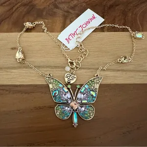 NEW Betsey Johnson Pave Green Turquoise Lavender Crystal Gold Butterfly Pendant thumbnail 1