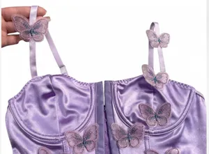 Purple satin corset top with butterfly embroidery - Small thumbnail 4