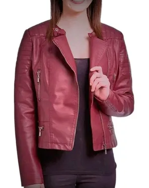 Olivia Miller NWT Womens Burgundy Faux Leather Moto‎ Jacket Fits Large thumbnail 1
