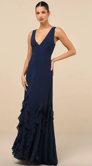Lulus Alorna Dark Navy Sleeveless Ruffled Maxi Dress Formal Chiffon XS NWT thumbnail 1
