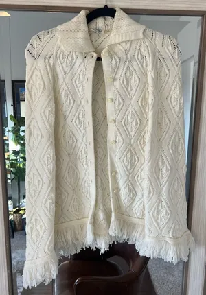 Vintage Wintuk Knit Poncho Button Cape Shawl Sweater with Fringe Trim Off White thumbnail 1