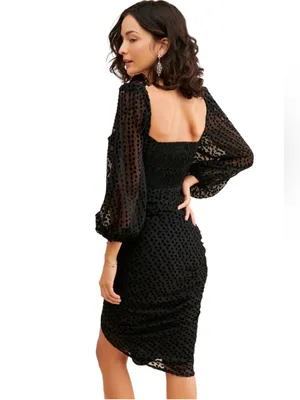 ASTR The Label x Revolve - Athens Black Velvet Polka Dot Ruched Midi Dress Sz M thumbnail 2