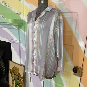 Free People Dreamy Days Satin Oversized Pastel Stripe Pajama Shirt Top XS 💛🎀 thumbnail 4