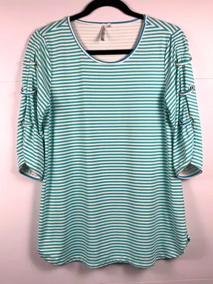 Lulu B Small Aqua Stripe UPF Top Lace Sleeve Coastal Beach Resort Cruise thumbnail 3