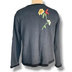 Susan Bristol Vintage Black Floral Embroidered Cotton Cardigan Dark Romance Knit Sweater thumbnail 4