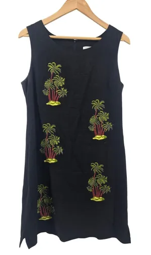 Ultra Dress Linen Dress Womens 10 Palm Tree‎ Embroidery Black Sleeveless EUC thumbnail 1