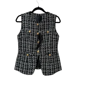 Mina Self Black White Tweed Plaid Sleeveless Vest Gold Button XX140 Small NEW thumbnail 2