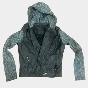 Gray Faux Leather Jacket with Knit Sleeves and Removable Hood thumbnail 1