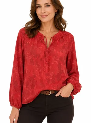 Zac & Rachel Peasant‎ Floral Jacquard Blouse Red Boho Smocked Metallic Size M thumbnail 1