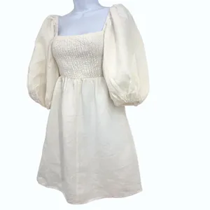 Tuckernuck Annie Mini Dress Womens XS Ivory‎ Linen Smocked Puff Sleeve Romantic thumbnail 3