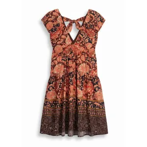 Anthropologie Printed Tie V-Neck Babydoll Dress Womens‎ Size 2 Rust Floral thumbnail 5