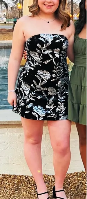Dear Moon Short Formal Dress black velvet silver sequin L thumbnail 1