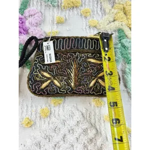 Sudha Beaded Coin Purse Black Gold Floral Embroidered Tassel Wristlet Pouch NWT‎ thumbnail 2