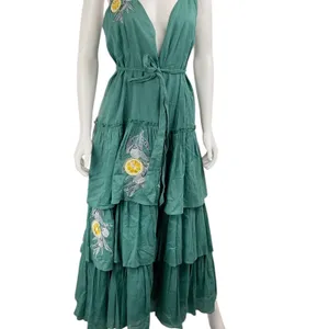 Anouk Grewal‎ Green Maxi Dress Embroidered Lemon Tiered Sleeveless Medium thumbnail 4