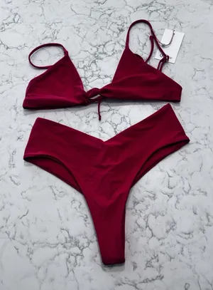 New Quince Cherry Red Knot Tie Bikini Top & V Cut High Leg Bottom Set Medium thumbnail 1