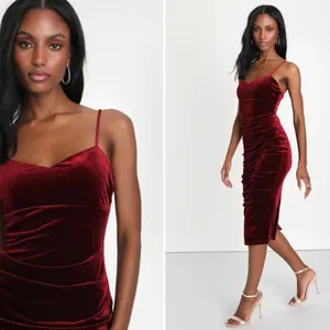 LULUS Sexy Prom Wedding Holiday Elegant Chic Shimmer Velvet Cocktail Midi thumbnail 4
