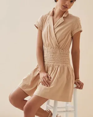 Anthropologie Smocked‎ Surplice Mini Dress Sand Size Large Cotton Summer thumbnail 1