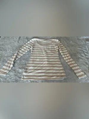 Women’s Express Striped Long-Sleeve Scoop Neck Top in Beige and White Size Small thumbnail 4