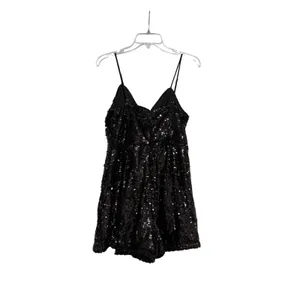 Lulus Womens Black Sequin Surplice V-Neck Spaghetti Strap‎ Romper Size M thumbnail 2